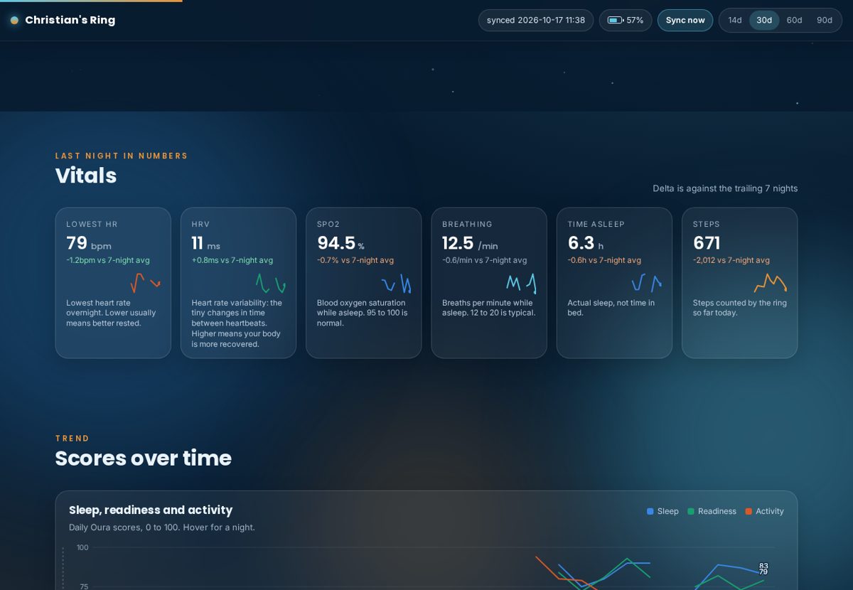 Owner's dashboard built by TechFort: vitals tiles with trend lines and plain-English notes on a dark glass page